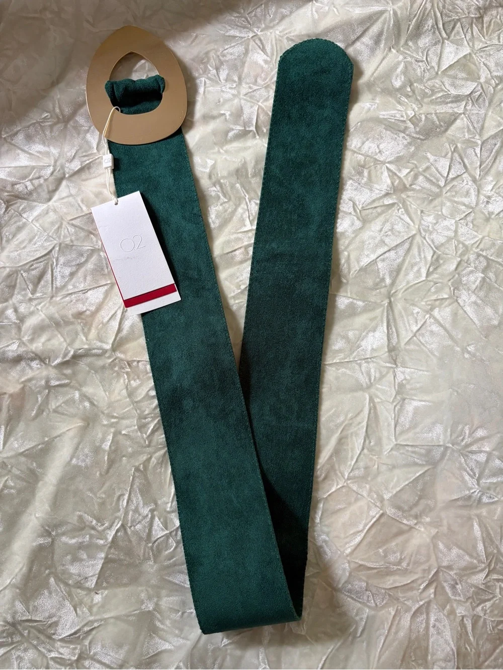 Q2 Gold Teardrop Handle Dark Green Faux Suede Belt